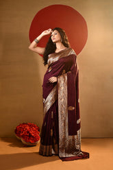 'Maya' Deep chocolate Maroon Wine Pure Katan Silk Kadhua Banarasi Handloom Saree